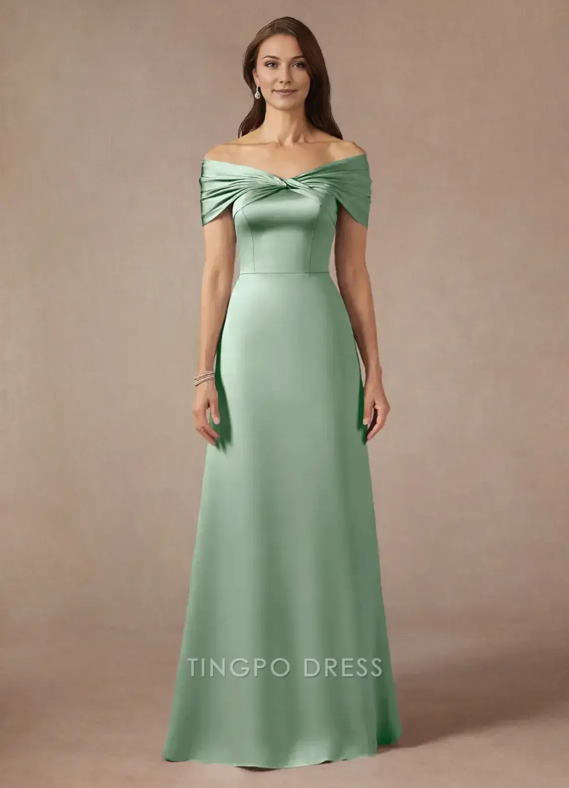 TingPo Wholesale Elegant Mother of the Bride Agave A-Line Off the Shoulder Stretch Satin Dress hot sale for ladies